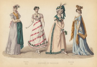 フランスのファッション：エンパイア1804年、ディレクトリ1795年（カラー版画） 作： (after) French School
