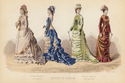 フランスのファッション：1875年と1876年の現在の流行、1877年と1878年の現在の流行（カラー版画） 作： (after) French School