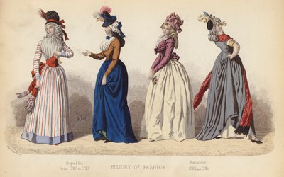 フランスのファッション：1790年から1792年までの共和国、1793年と1794年の共和国（カラー版画） 作： (after) French School