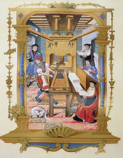 16世紀の印刷作品の内部、「Chants royaux sur la Conception Couronnee du Puy de Rouen」のミニチュアのコピー（カラーリソ） 作： (after) French School