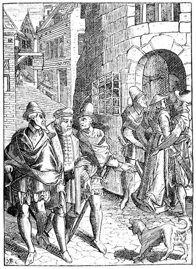 Joose de Damhouder (1507-81) の『Praxis Rerum Civilium』に掲載された木版画をもとに作成された、パリのタンネリー通りにあるプロヴォストの監獄。 作： (after) French School