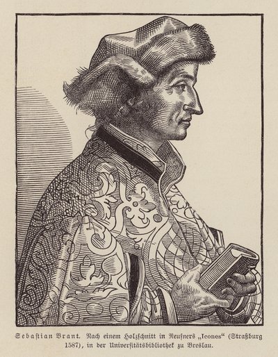 セバスチャン・ブラント、ドイツ・ルネサンス期の人文主義者、風刺家。(木版画) 作： (after) German School