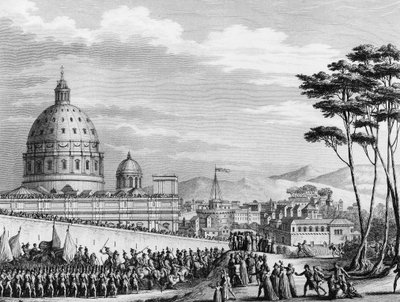 フランス革命。1798年2月、ルイ・アレクサンドル（Louis-Alexandre）・ベルティエ将軍に率いられたフランス人のイタリア・ローマへの凱旋入国は、2月11日に教皇領の国々に侵入し、ローマの街を占領した。 作： (after) Girardet