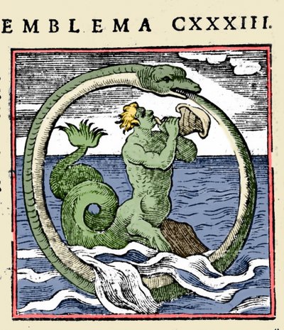 トリトンとウロボロス、アンドレア・アルシアティのイラスト「Emblemata」（Emblematum libellus）（カラーリトグラフ版 作： (after) Italian School
