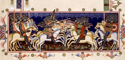 戦闘シーン (想像上の十字軍) - 1352 年のミニチュアに基づく「ナポリの聖霊騎士団の法令」 (聖霊騎士団) 作： (after) Italian School