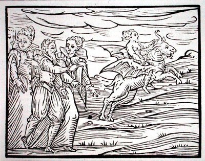 極悪非道なヤギにまたがる魔女。19世紀後半に出版された「魔術史」に使用された、ミラノのGuaccius氏による「Compendium Maleticarum」（1608年）の挿絵のコピー（木版）。 作： (after) Italian School