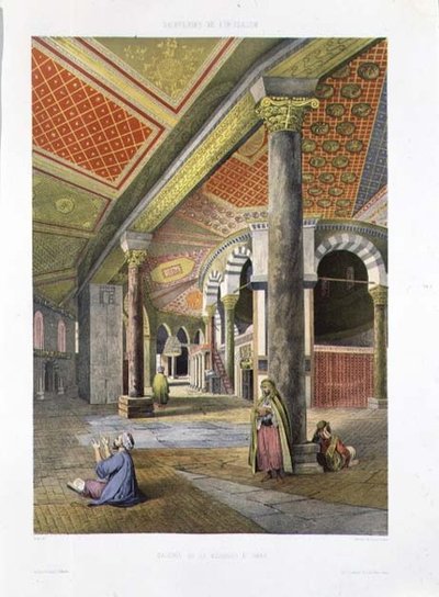 シャルル・クロード・バシェリエ（fl.1830-60）とアルバート・アダム（b.1833）が彫刻した「エルサレムの土産」より、オマル・モスクのギャラリー。 作： (after) Paris