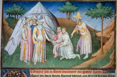 若き日のマルコ・ポーロ（1254-1324）の父と叔父であるニコロとマッテオ・ポーロ兄弟は、大クビライ（クビライ・ハン、モンゴル元朝の初代皇帝（1215-1294）、1271年のモンゴル皇帝）の宮廷に迎えられた。ミニチュアは「」から引用 作： (and workshop) Boucicaut Master