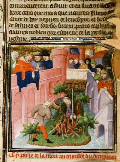 Cott Nero E II pt.2 fol.105 テンプル騎士団のマスターの燃焼、「Les Grandes Chroniques de France」から、1415年頃（ベラム） 作： (and workshop) Boucicaut Master