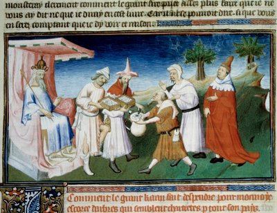 クビライ（クビライ・ハン、モンゴル元朝の初代皇帝（1215年～1294年））は、マルコ・ポーロの『不思議の書』（『世界の不思議』、『イル・ミリオーネ』）から引用したミニチュアのムリエ・バーク貨で買い物の支払いをしている。 作： (and workshop) Boucicaut Master