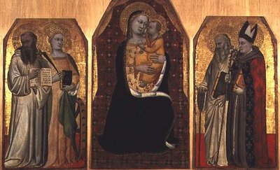 トリプティク4人の聖人に挟まれた聖母子（パネルにテンペラ） 作： (attr to) Puccio di Simone