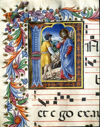 キリストの誘惑を描いたデコール・レットライン リベラル・ダ・ヴェローナ（1445-1529）による、シエナの大聖堂の聖歌隊席（Cod.20/5.c.45v）のミニチュア。15世紀 イタリア・シエナのカテドラル（ドゥオモ 作： (c.1445 1527) Liberale da Verona