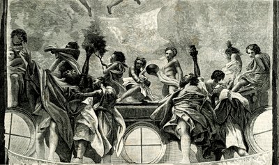 Assumption of Virgin, detail from fresco by Correggio (1489-1534), dome of Parma Cathedral, Emilia Romagna, Italy, woodcut from Le cento citta d