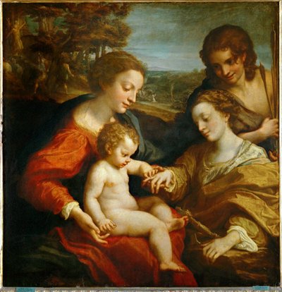 アレクサンドリアの聖カタリナと幼子イエス、そして聖セバスチャンの神秘的な結婚...。 作： (c.1489-1534) Correggio