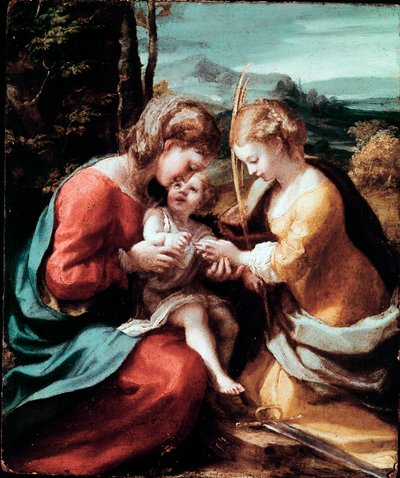 アレクサンドリアの聖カタリナの神秘的な結婚」 アントニオ・アレグリ（通称：コレッジ 1489-1534）の絵画 1520年頃 Sun.28,5x23,5 cm ナポリのカポディモンテ美術館 作： (c.1489 1534) Correggio