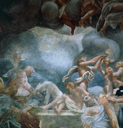 アントニオ・アレグリ・ダ・コレッジョ（1489-1534）によるパルマ大聖堂のドームのフレスコ画の細部「バルコニーに立つ若者たち 作： (c.1489 1534) Correggio