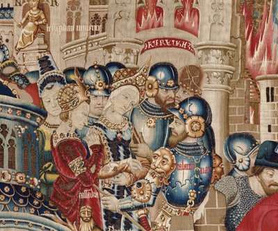 トロイア戦争：トロイの破壊、1470年頃（タペストリー） 作： (fl.1450 75) Master of Coetivy