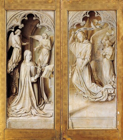 フランス、ムーランのノートルダム大聖堂にあるムーランの巨匠による三連祭壇画（1489-1502年頃）の外側の翼に描かれたグリザイユ（灰色の単色）の受胎告知。 作： (fl.c.1483 c.1529) Master of Moulins