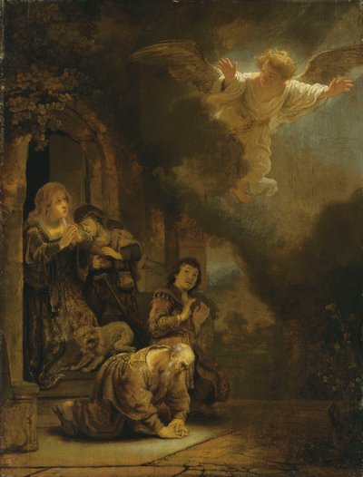 トビト記と彼の家族を離れる大天使ラファエル（パネルに油彩） 作： studio of Rembrandt Harmensz. van Rijn