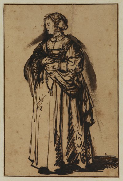 両手に花を持って立つ画家の妻サスキア 作： (workshop of) Rembrandt Harmensz. van Rijn