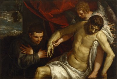天使によって支えられ、フランシスコ会によって崇拝された死んだキリスト、1586-87年頃 作： Paolo Veronese