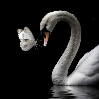 黒い背景にキスする美しい白鳥と白い蝶, Wall Art prints 作： F. Abderrahim