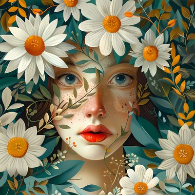 ポピーの花に囲まれた美しい女性の顔、壁飾り、額入りアートプリント 作： F. Abderrahim