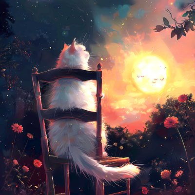 古い木の椅子に座り、月を眺める白い猫。 作： F. Abderrahim