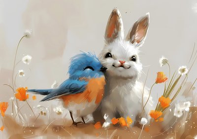 かわいい鳥とウサギのマンガの絵、オンデマンドでカスタムプリント、壁の寝室の装飾 作： F. Abderrahim