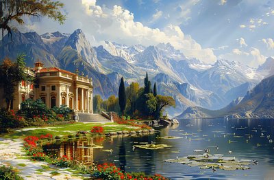 都市風景画 : 古代ギリシャ様式のヴィラと湖の壁の装飾 作： F. Abderrahim