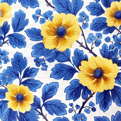 ブルーとイエローの花のブロックパターン モダンなウォールアートプリント 作： F. Abderrahim