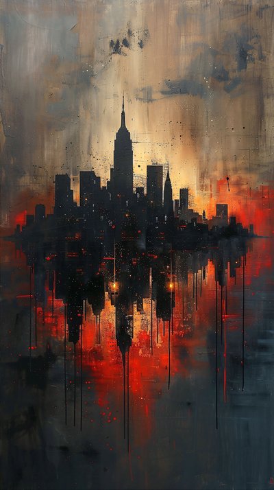 幾何学的な形の壁掛けアートプリント ：抽象的な高層ビル 油絵 作： F. Abderrahim