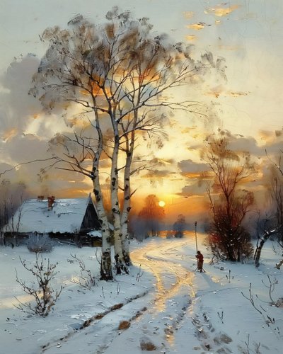 雪に囲まれた冬の夕暮れ時の田舎の家, キャンバスアートプリント 作： F. Abderrahim