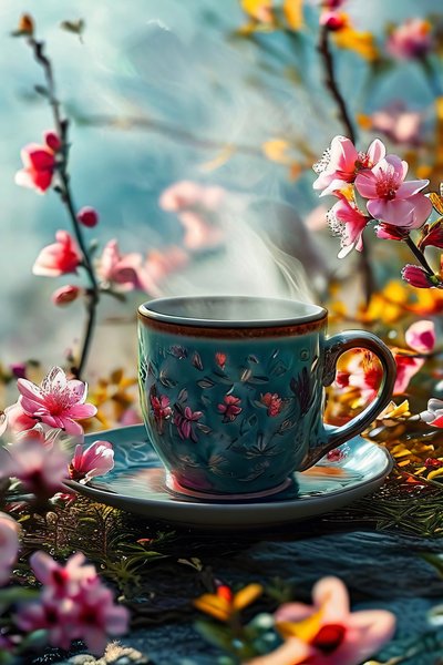 モダンな壁面アートのための、花で飾られたシュールなコーヒーカップ 作： F. Abderrahim