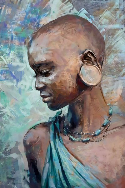 民族衣装を着たアフリカの少女｜抽象的な造形美術の版画 作： F. Abderrahim