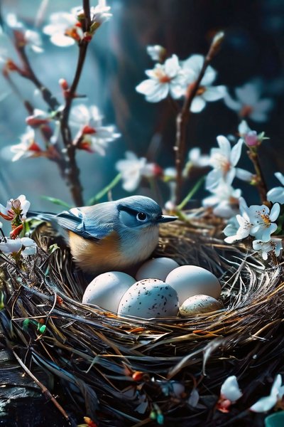 白い花に囲まれて抱卵する鳥（ポスタープリント 作： F. Abderrahim