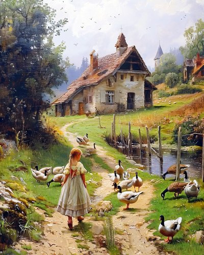 古いヨーロッパの風景の中の少女と家禽 Berkshire Homestead style アートプリント 作： F. Abderrahim