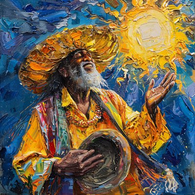踊る帽子をかぶった幸せなメキシコ人、ヴァン・ゴッホのブラシストローク風の絵 作： F. Abderrahim