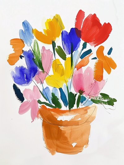 花瓶の中のカラフルな水彩画の花｜ボタニカルウォールアートプリント 作： F. Abderrahim