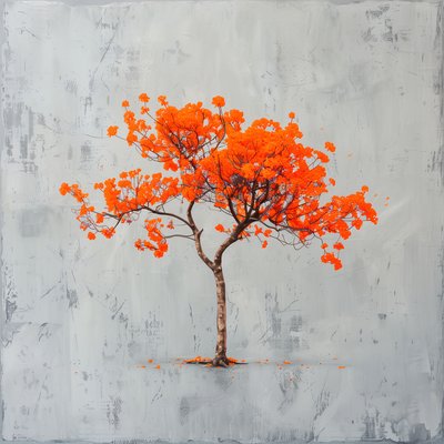 ミニマリズムの絵画 : オレンジの葉とグレーの背景; 壁のアート プリント 作： F. Abderrahim
