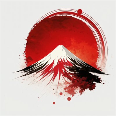富士山の絵 ：赤い丸筆、キャンバスプリント 作： F. Abderrahim