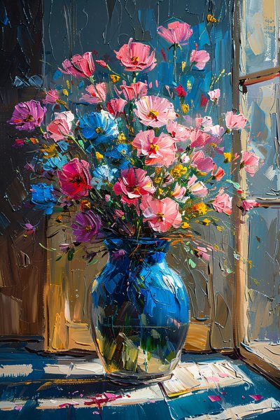 ピンクとブルーの乱雑な花の束の油絵, 額装された壁の装飾 作： F. Abderrahim