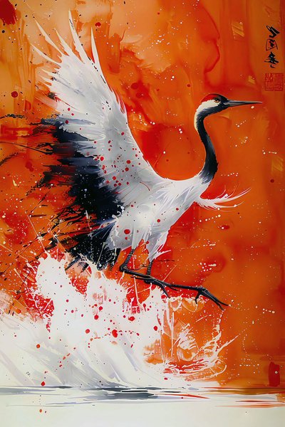 アジアの芸術的なスタイルで暖色で描かれたコウノトリ、寝室の壁飾り 作： F. Abderrahim