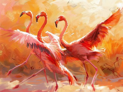 フラミンゴの抽象画、キャンバスプリント、壁飾り 作： F. Abderrahim