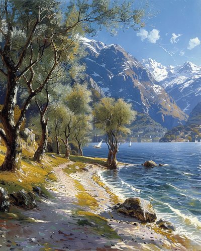 静かな湖と山と森の風景、オンラインアートプリント 作： F. Abderrahim