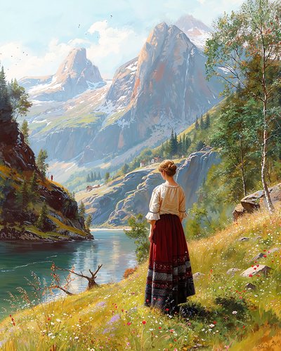19世紀の貴婦人が、山々に囲まれた緑の谷間に佇んでいる。 作： F. Abderrahim