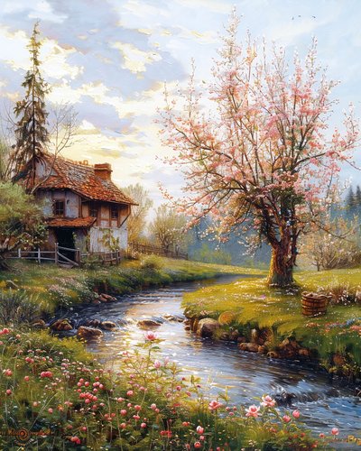 古い家と川の流れる風景、額入り壁飾り 作： F. Abderrahim
