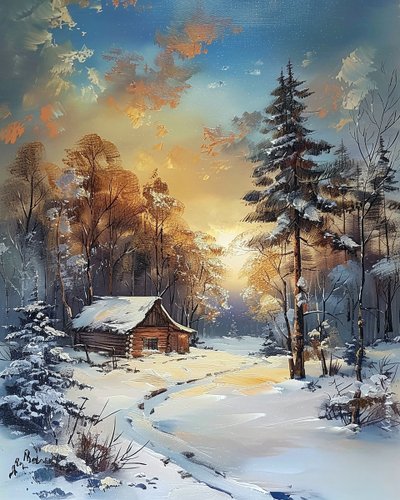 森と雪の中の小屋、冬景色の壁飾り 作： F. Abderrahim