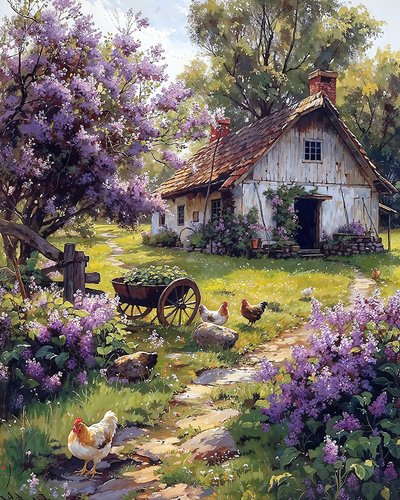 木造小屋の庭の花と家禽、リビングルームの壁飾り 作： F. Abderrahim