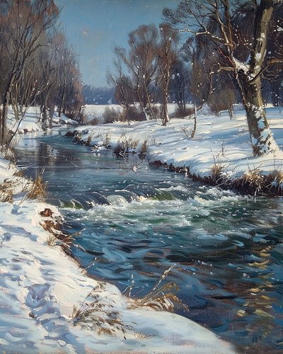 冬と雪の小川の風景、壁の装飾のアイデア 作： F. Abderrahim